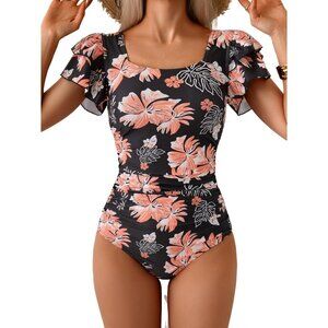 Womens Eomenie Black One Piece Tummy Control Swimsuit with Ruffle & Ruched Back